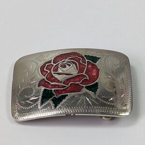 Vintage Johnson & Held Rose Inlay Silver Tone Belt Buckle Handcrafted in Denver